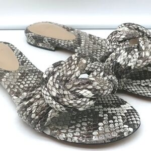 Alexandre Birman Vicky Knotted Flat Slide Sandals Gray Snakeskin Size 37 1/2